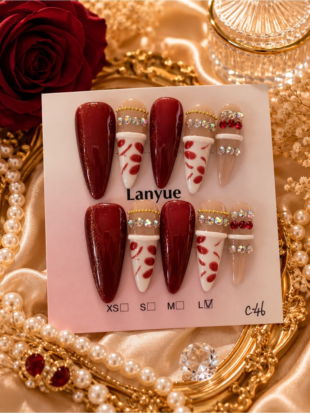 Burgundy & Nude Rhinestone Stiletto Press-On Nails